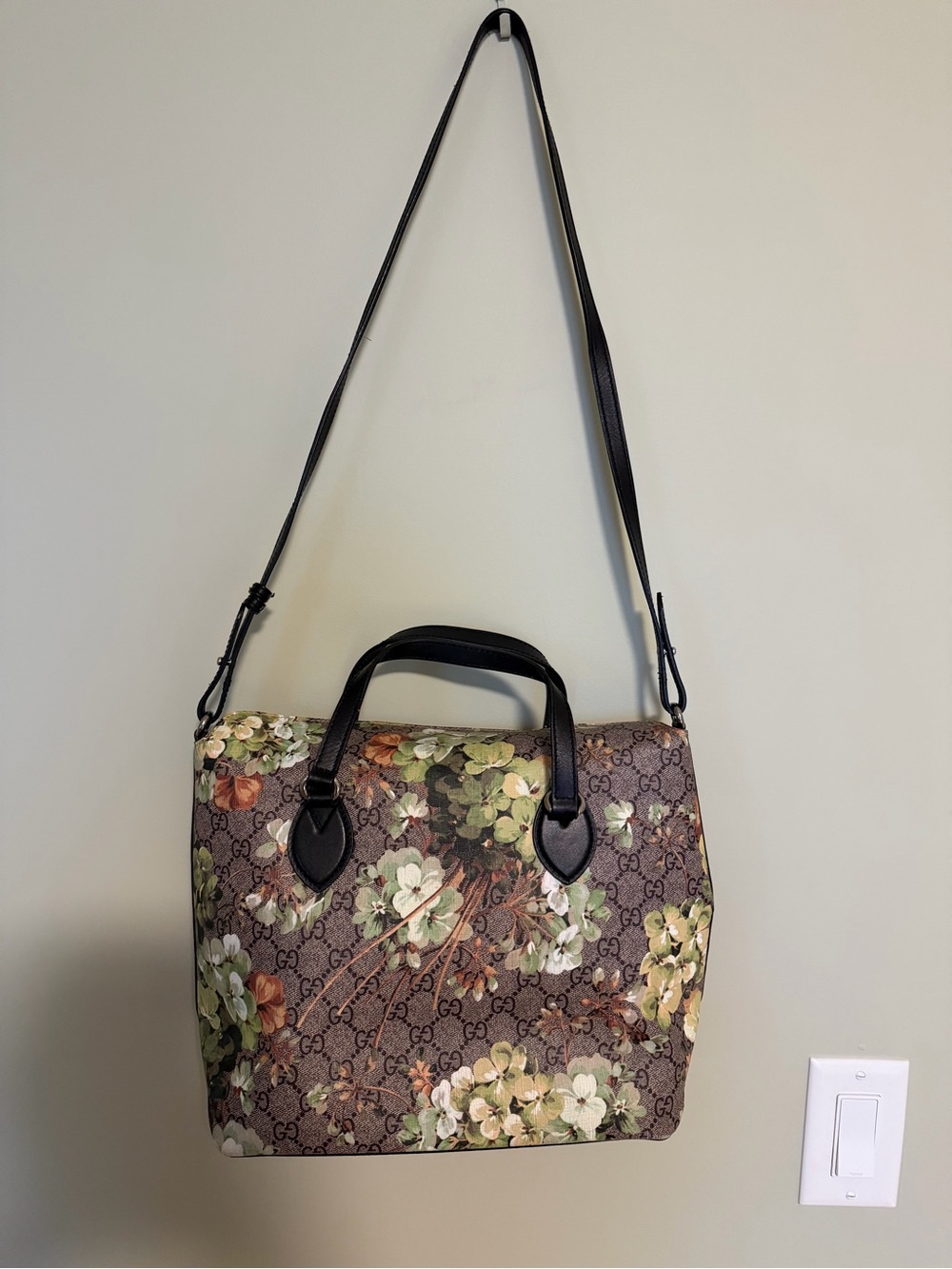 Luxury Floral Canvas Satchel Bag in Brown and Green
